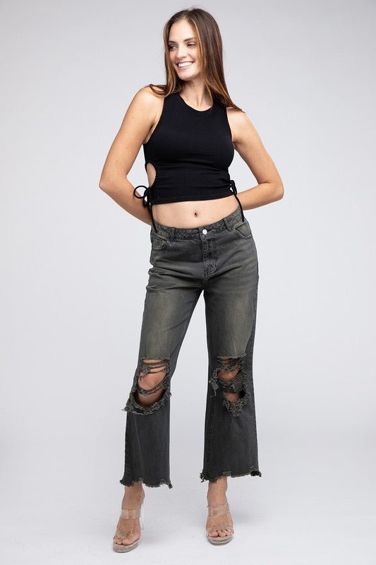 BiBi Distressed Vintage Washed Wide-Leg Western Pants — 100% Cotton Rigid Denim with Retro Worn-In Finish (Medium remaining) - Rooted & Reckless Co.