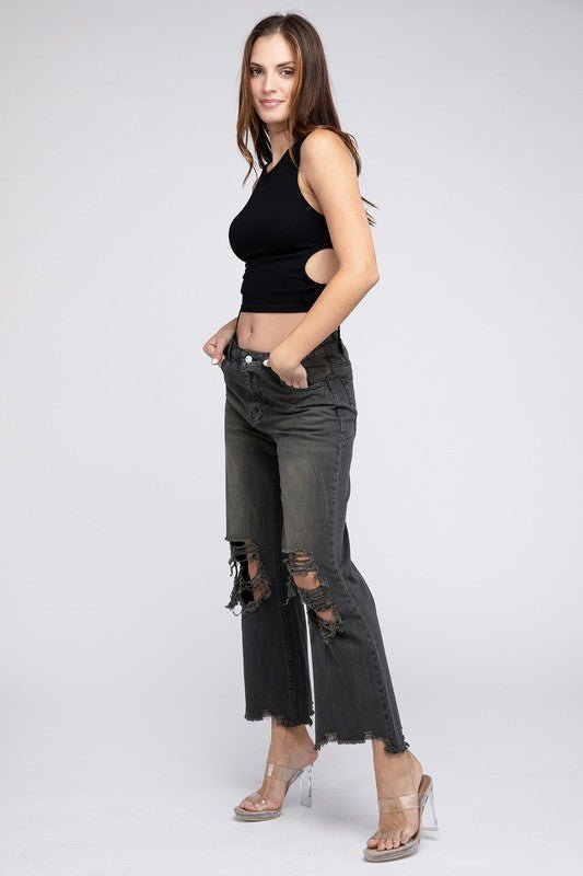 BiBi Distressed Vintage Washed Wide-Leg Western Pants — 100% Cotton Rigid Denim with Retro Worn-In Finish (Medium remaining) - Rooted & Reckless Co.