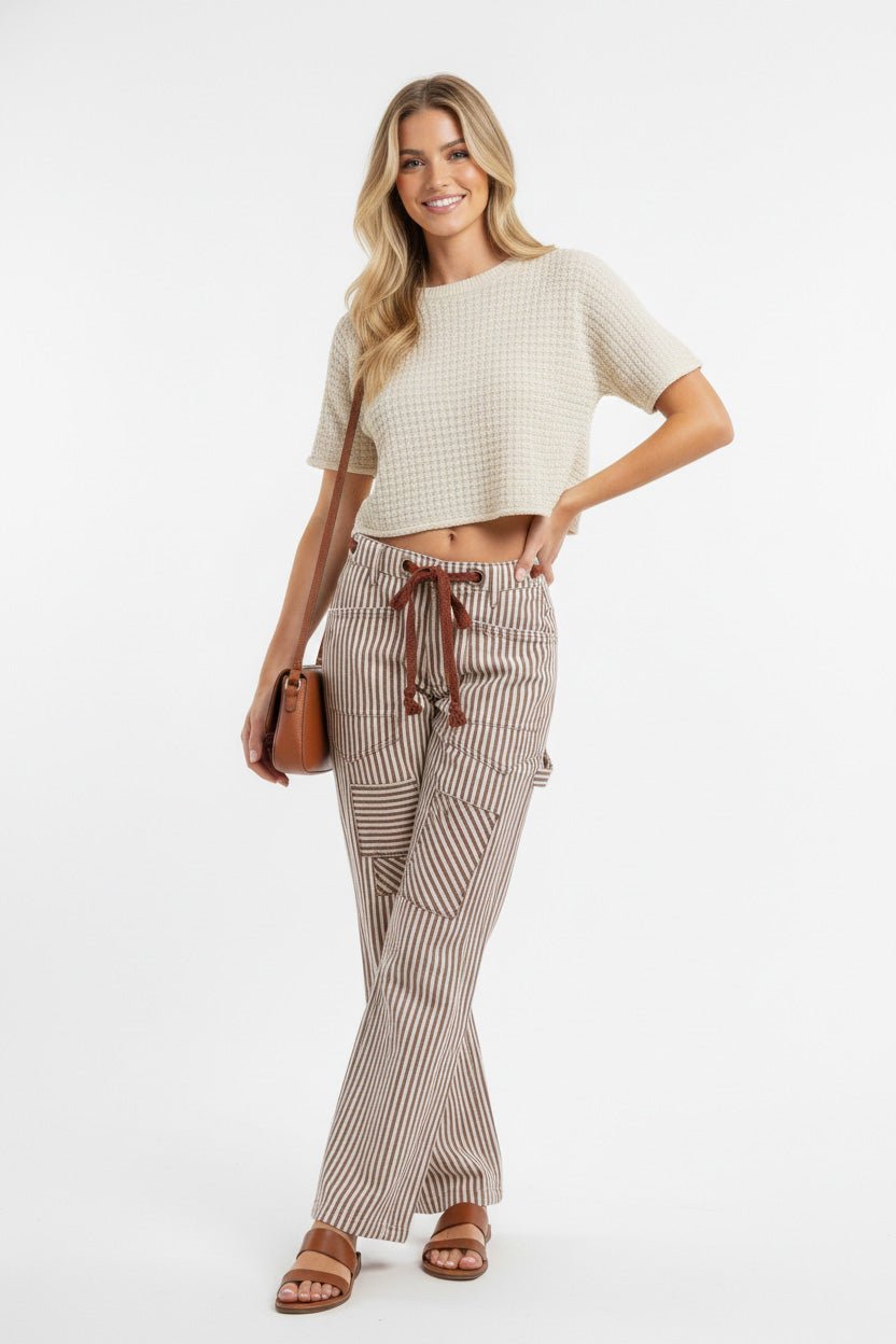 BiBi Drawstring Striped Twill Barrel Pants - Rooted & Reckless Co.