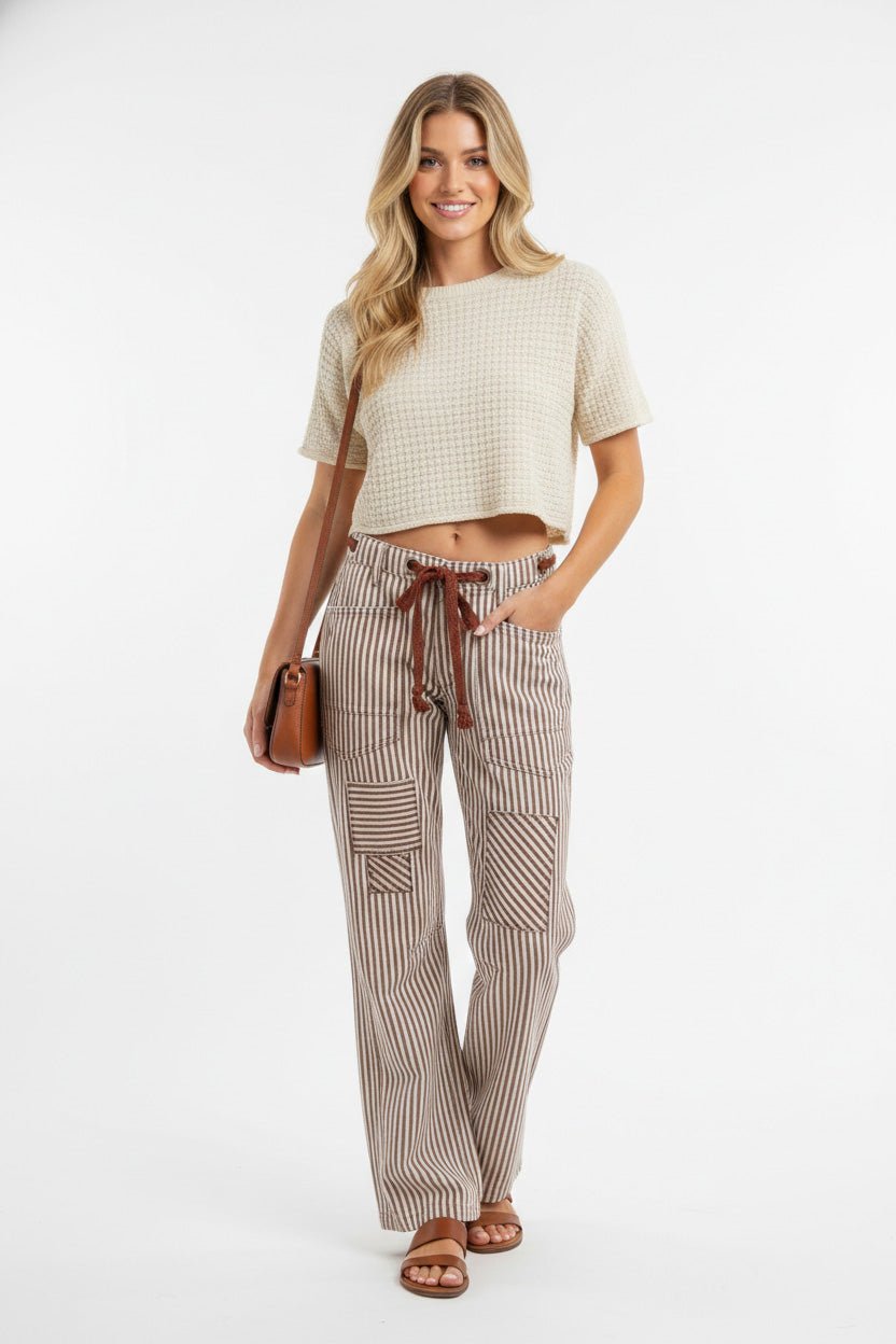 BiBi Drawstring Striped Twill Barrel Pants - Rooted & Reckless Co.