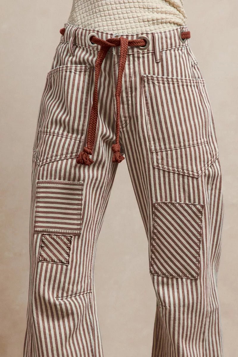 BiBi Drawstring Striped Twill Barrel Pants - Rooted & Reckless Co.