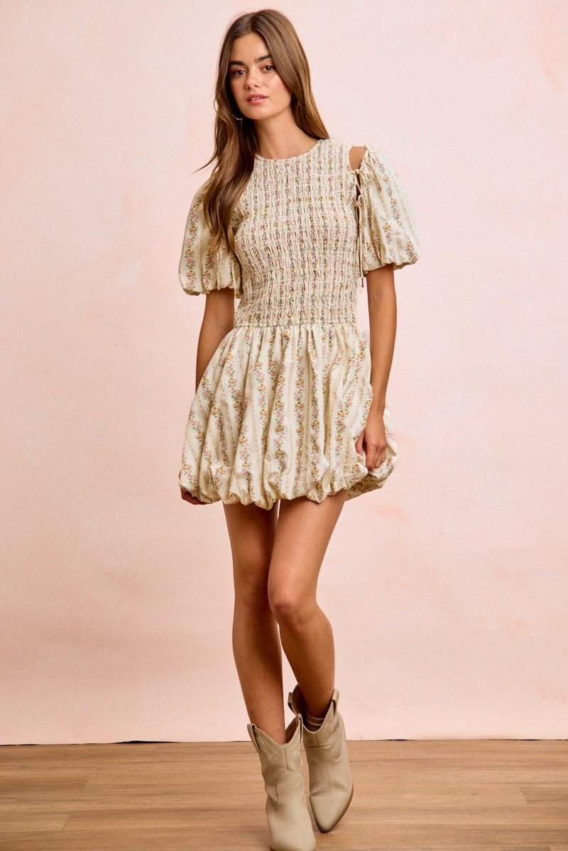 BiBi Floral Bow Tie Attachable Puff Sleeves Dress - Rooted & Reckless Co.