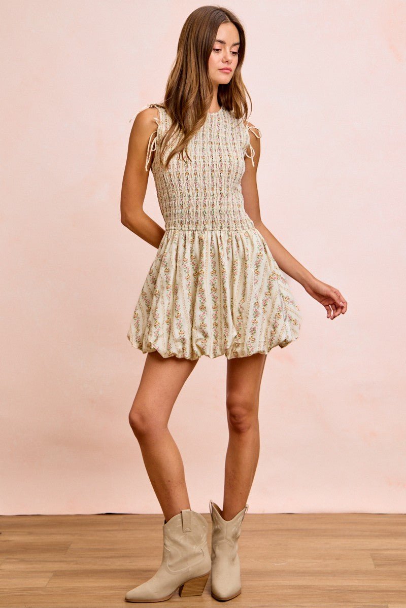 BiBi Floral Bow Tie Attachable Puff Sleeves Dress - Rooted & Reckless Co.