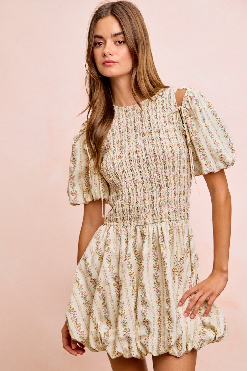 BiBi Floral Bow Tie Attachable Puff Sleeves Dress - Rooted & Reckless Co.