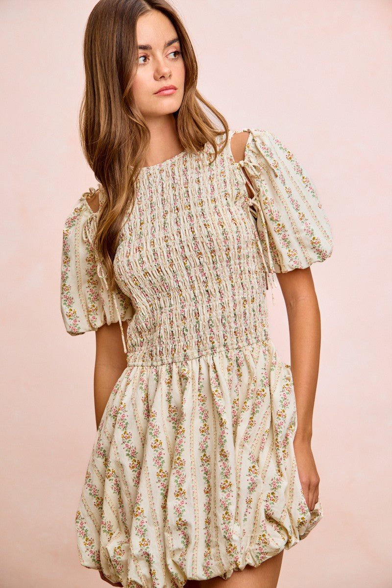 BiBi Floral Bow Tie Attachable Puff Sleeves Dress - Rooted & Reckless Co.