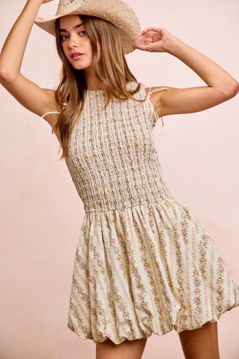 BiBi Floral Bow Tie Attachable Puff Sleeves Dress - Rooted & Reckless Co.
