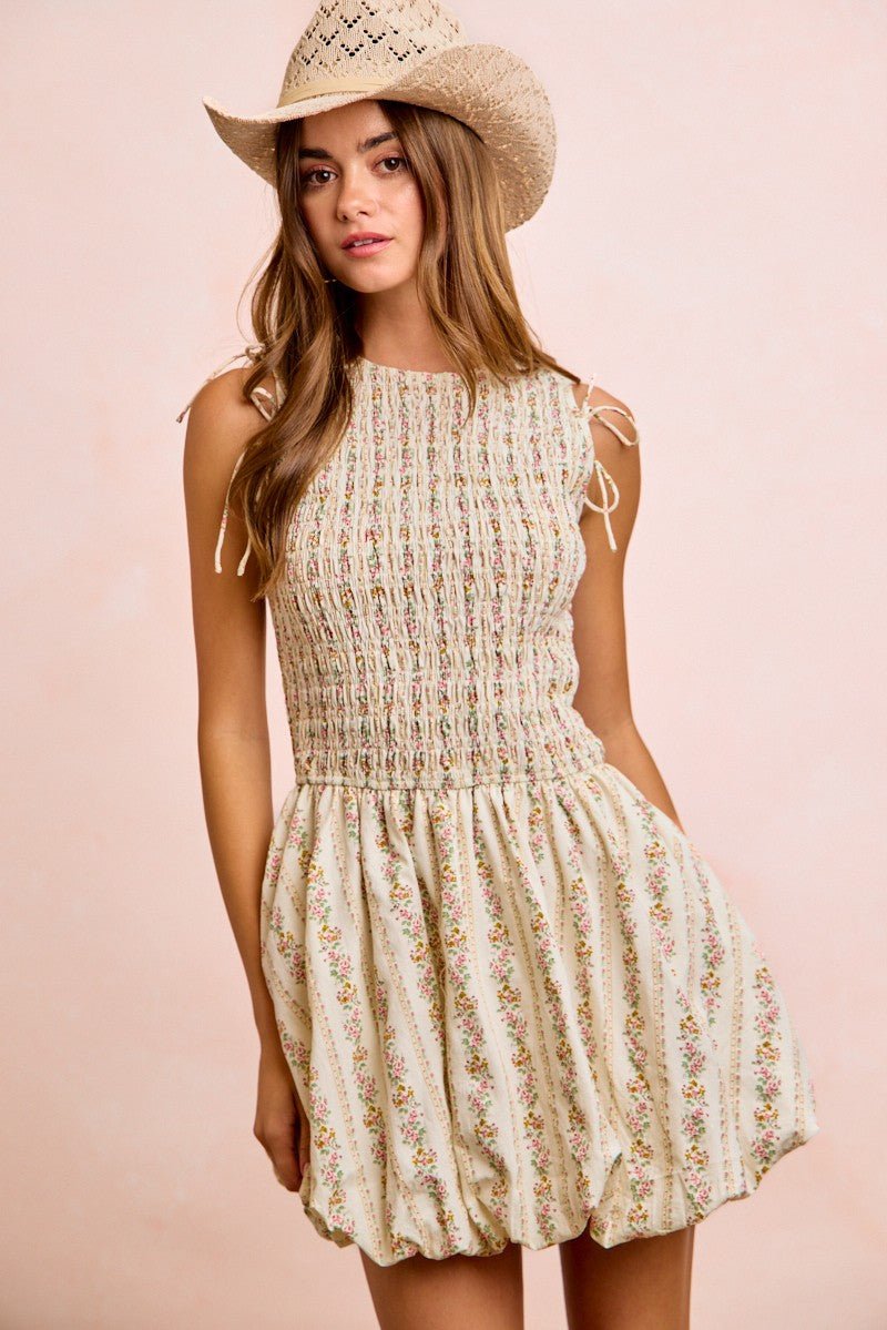 BiBi Floral Bow Tie Attachable Puff Sleeves Dress - Rooted & Reckless Co.