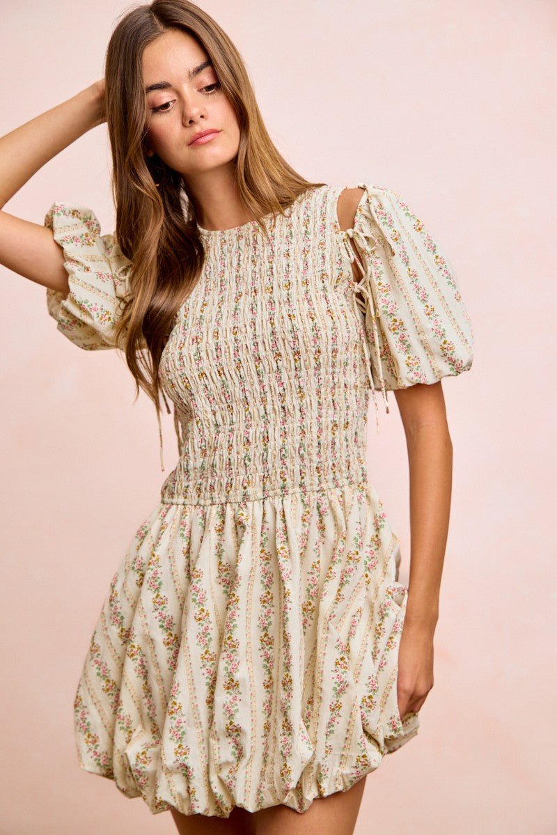 BiBi Floral Bow Tie Attachable Puff Sleeves Dress - Rooted & Reckless Co.