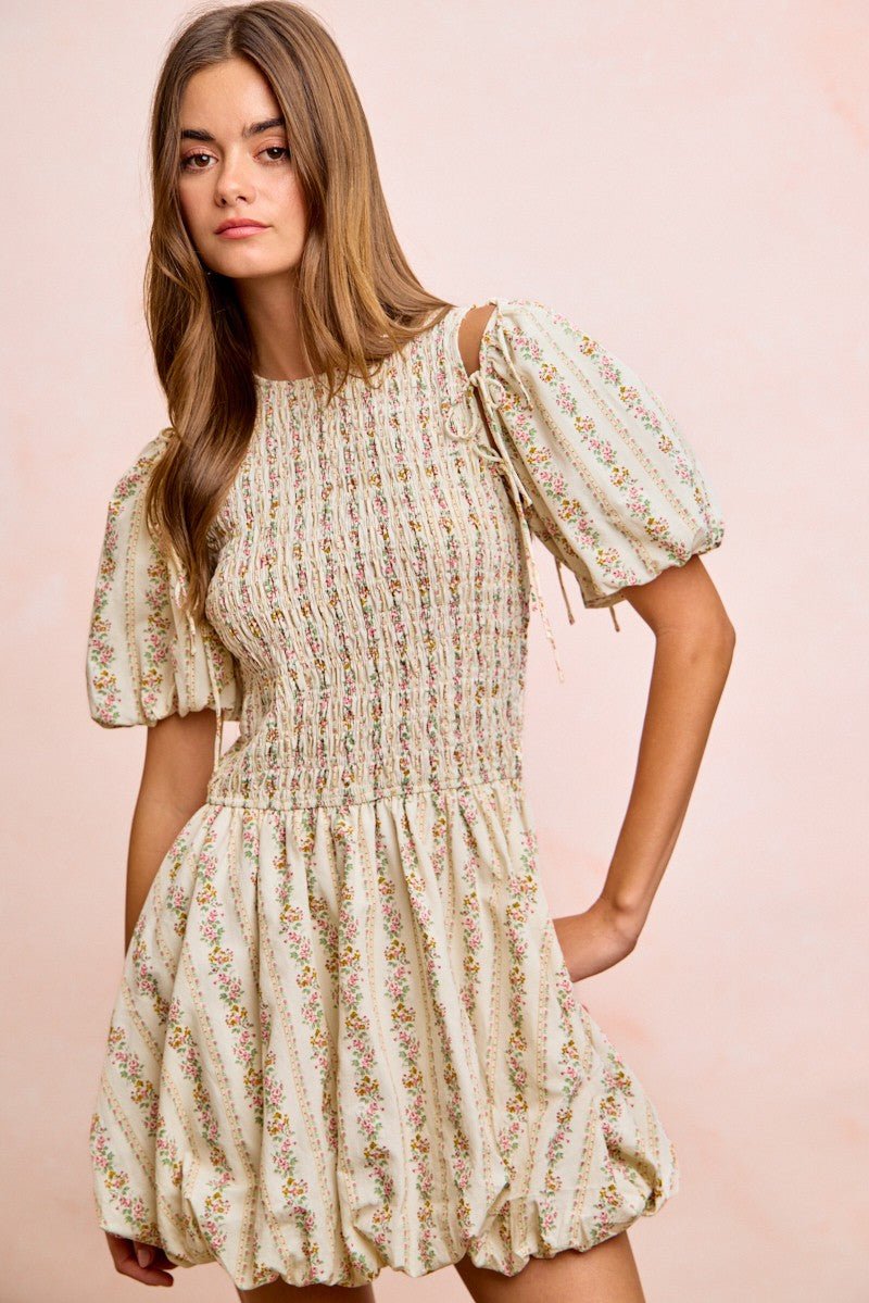BiBi Floral Bow Tie Attachable Puff Sleeves Dress - Rooted & Reckless Co.