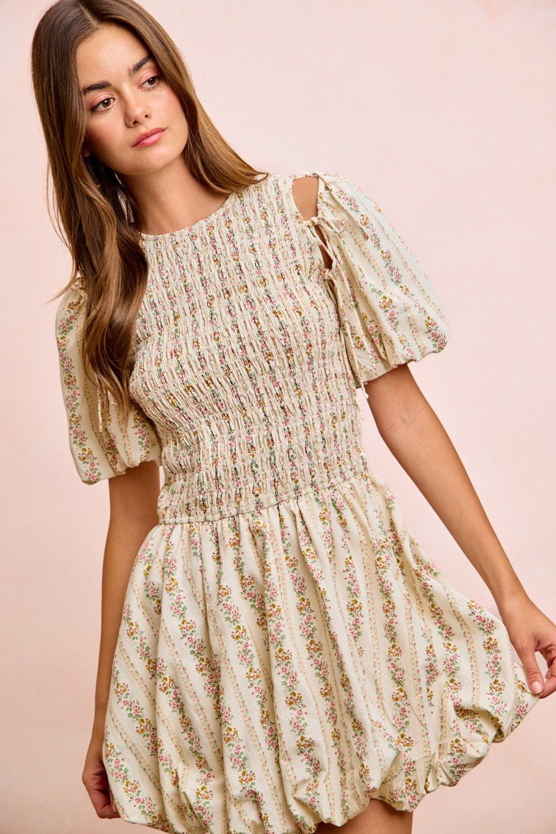 BiBi Floral Bow Tie Attachable Puff Sleeves Dress - Rooted & Reckless Co.