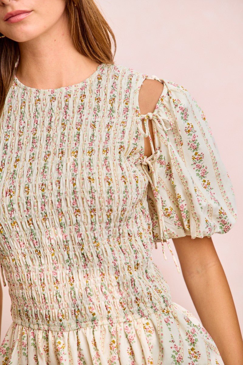 BiBi Floral Bow Tie Attachable Puff Sleeves Dress - Rooted & Reckless Co.