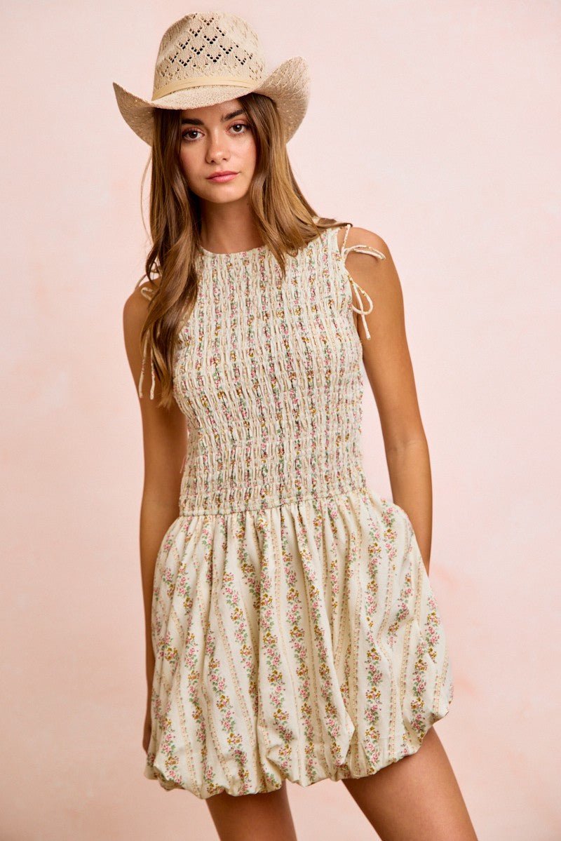 BiBi Floral Bow Tie Attachable Puff Sleeves Dress - Rooted & Reckless Co.