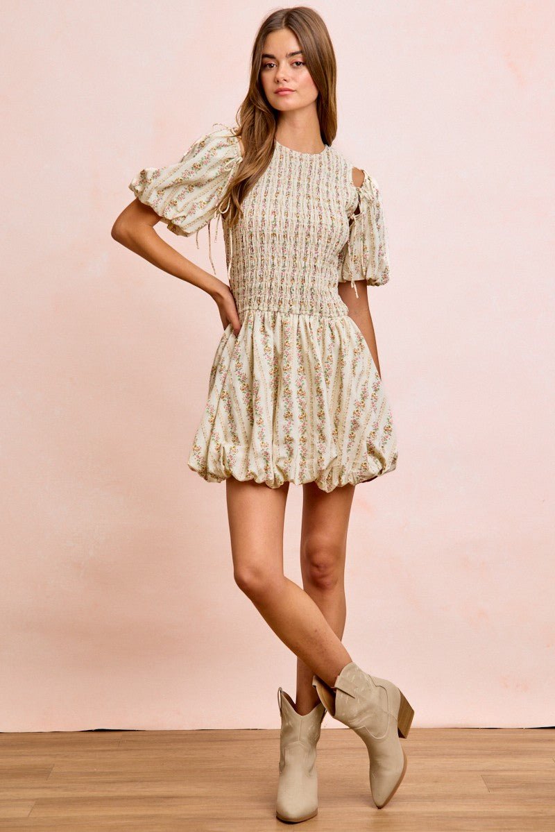 BiBi Floral Bow Tie Attachable Puff Sleeves Dress - Rooted & Reckless Co.