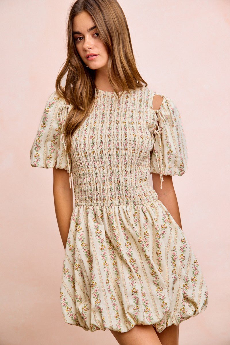 BiBi Floral Bow Tie Attachable Puff Sleeves Dress - Rooted & Reckless Co.
