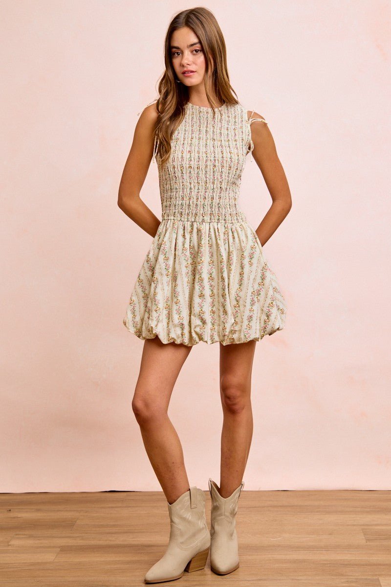 BiBi Floral Bow Tie Attachable Puff Sleeves Dress - Rooted & Reckless Co.