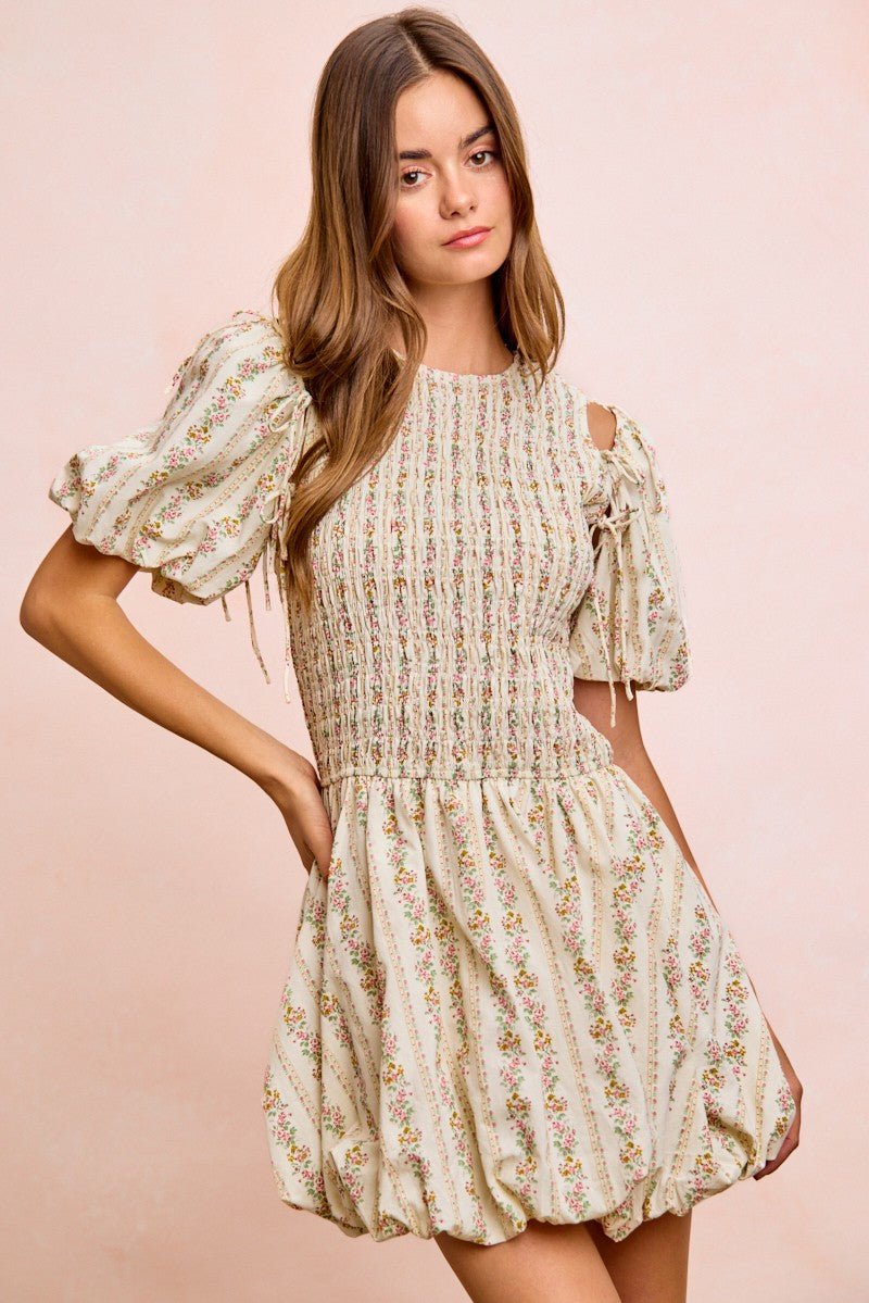 BiBi Floral Bow Tie Attachable Puff Sleeves Dress - Rooted & Reckless Co.