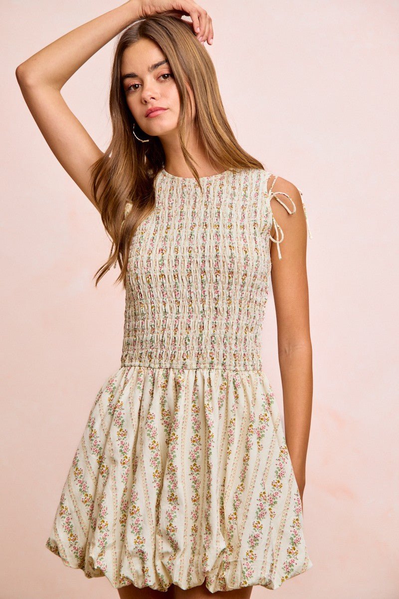 BiBi Floral Bow Tie Attachable Puff Sleeves Dress - Rooted & Reckless Co.