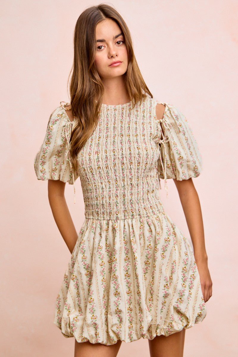 BiBi Floral Bow Tie Attachable Puff Sleeves Dress - Rooted & Reckless Co.