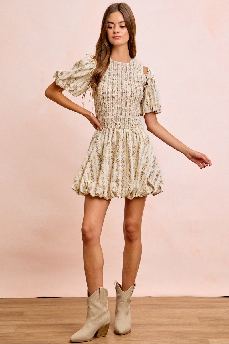 BiBi Floral Bow Tie Attachable Puff Sleeves Dress - Rooted & Reckless Co.