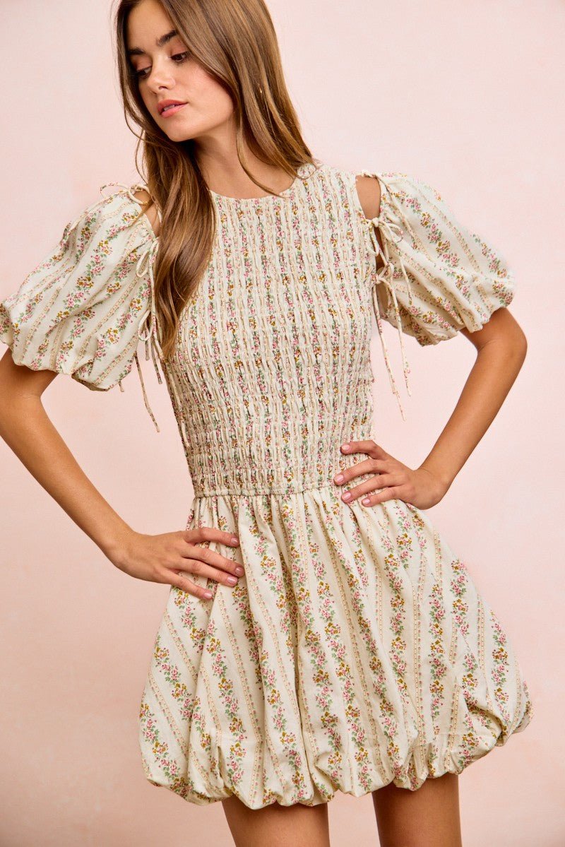 BiBi Floral Bow Tie Attachable Puff Sleeves Dress - Rooted & Reckless Co.