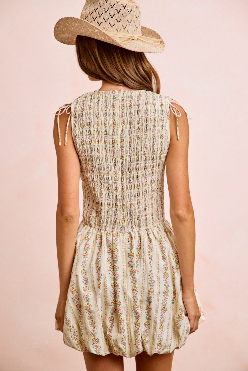 BiBi Floral Bow Tie Attachable Puff Sleeves Dress - Rooted & Reckless Co.