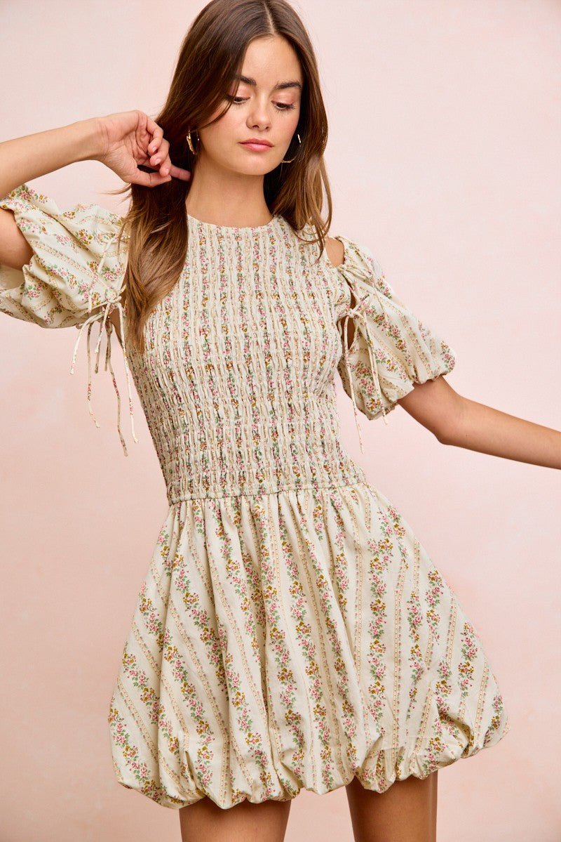 BiBi Floral Bow Tie Attachable Puff Sleeves Dress - Rooted & Reckless Co.