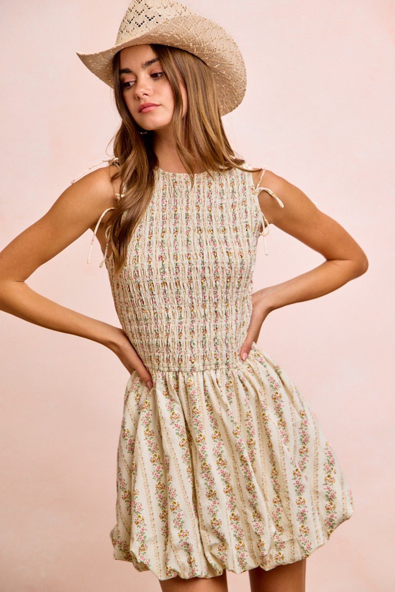 BiBi Floral Bow Tie Attachable Puff Sleeves Dress - Rooted & Reckless Co.