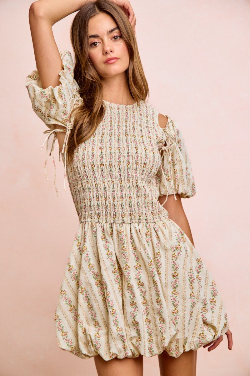 BiBi Floral Bow Tie Attachable Puff Sleeves Dress - Rooted & Reckless Co.