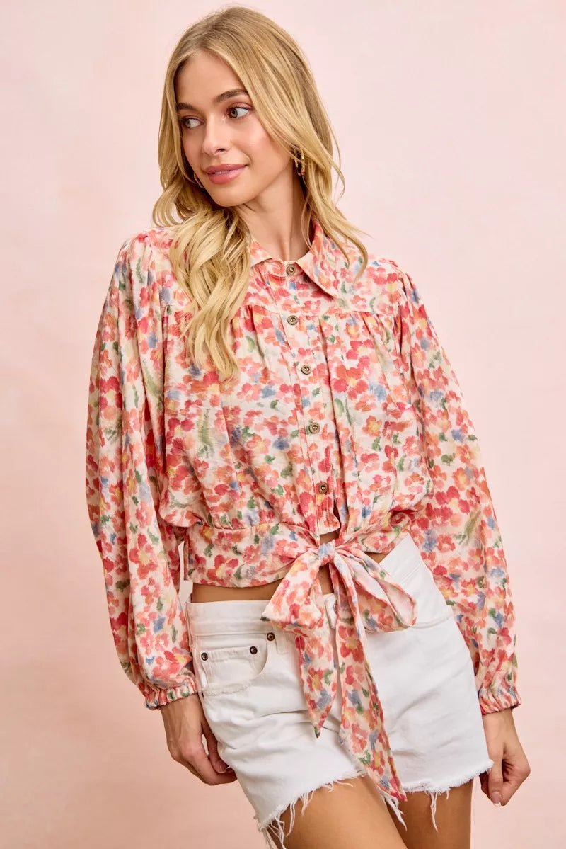 BiBi Floral Print Tie Hem Detail Crop Shirt - Rooted & Reckless Co.