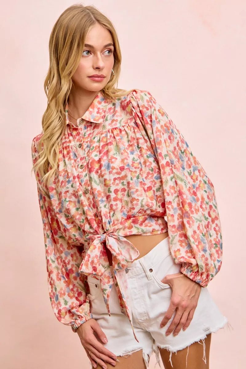 BiBi Floral Print Tie Hem Detail Crop Shirt - Rooted & Reckless Co.