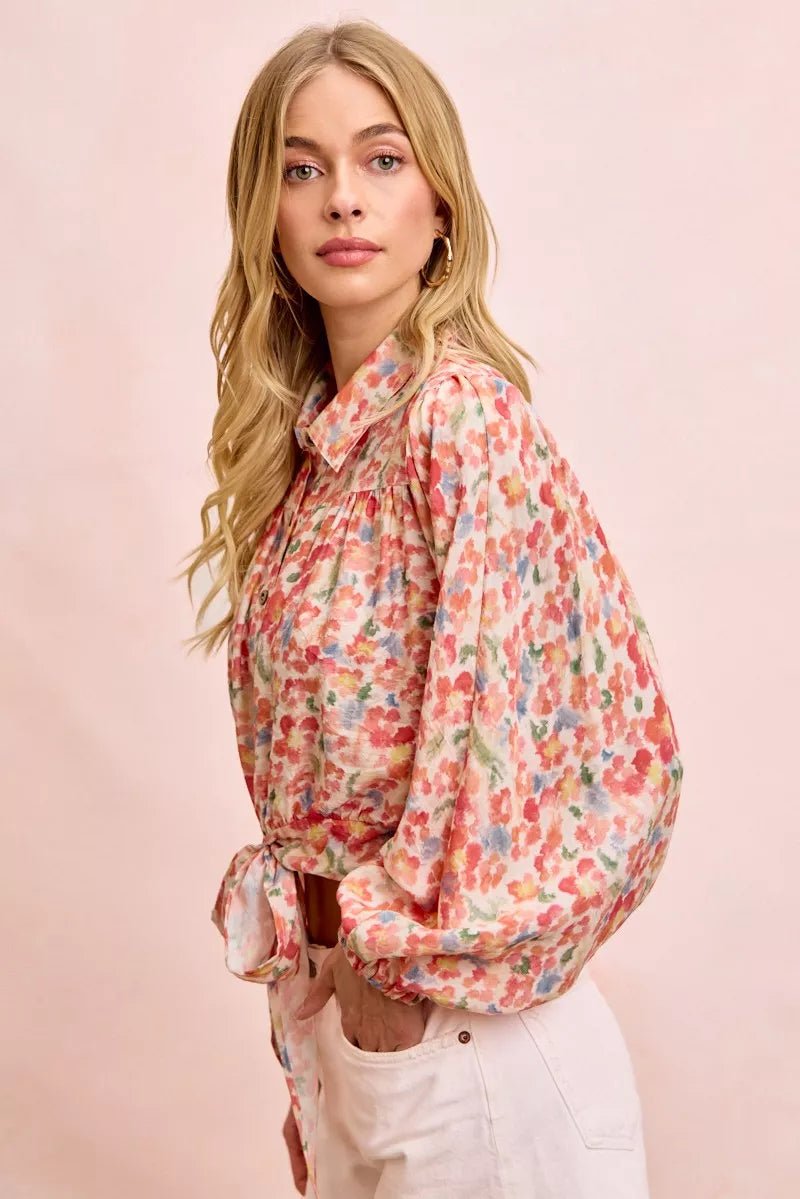 BiBi Floral Print Tie Hem Detail Crop Shirt - Rooted & Reckless Co.