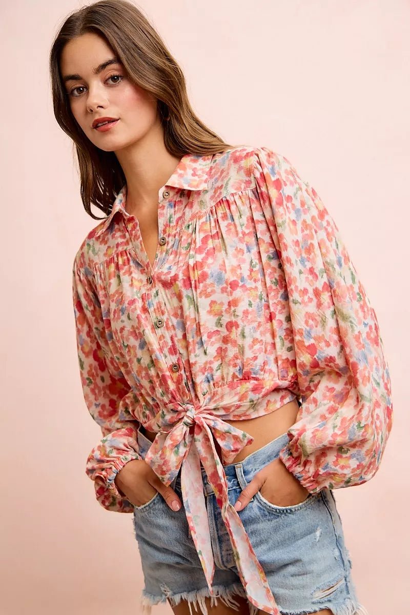 BiBi Floral Print Tie Hem Detail Crop Shirt - Rooted & Reckless Co.