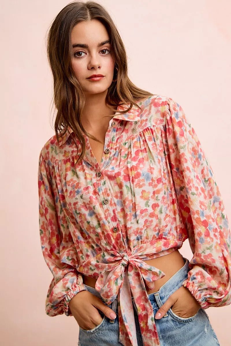 BiBi Floral Print Tie Hem Detail Crop Shirt - Rooted & Reckless Co.