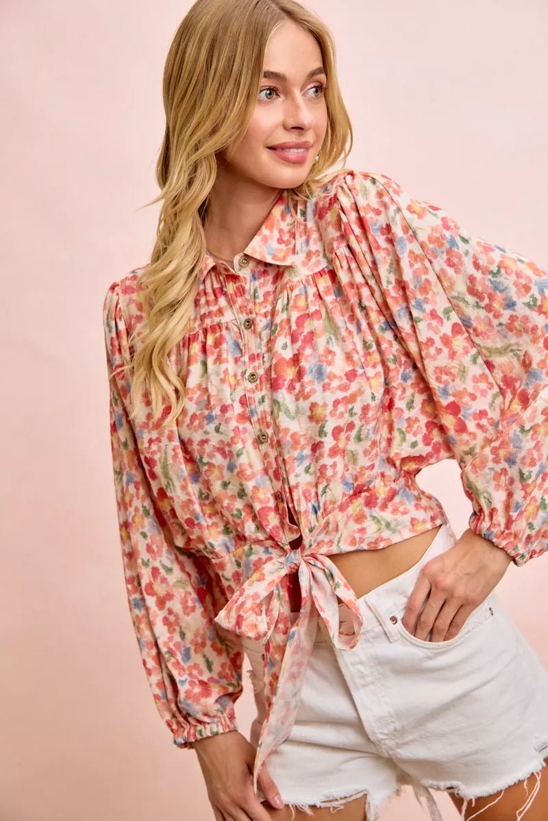 BiBi Floral Print Tie Hem Detail Crop Shirt - Rooted & Reckless Co.