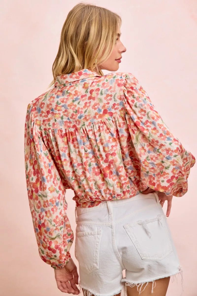 BiBi Floral Print Tie Hem Detail Crop Shirt - Rooted & Reckless Co.