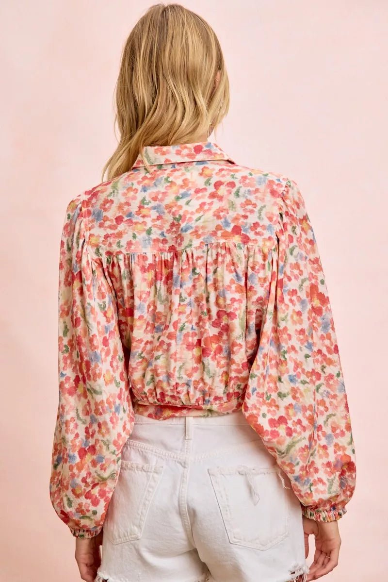 BiBi Floral Print Tie Hem Detail Crop Shirt - Rooted & Reckless Co.