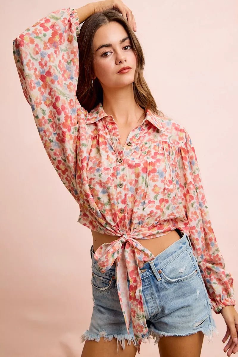 BiBi Floral Print Tie Hem Detail Crop Shirt - Rooted & Reckless Co.