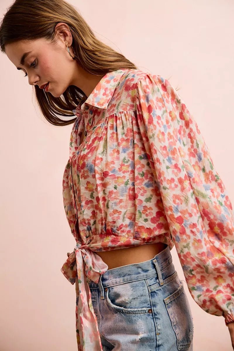 BiBi Floral Print Tie Hem Detail Crop Shirt - Rooted & Reckless Co.