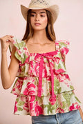 BiBi Floral Print Woven Bow Tie Ruffle Square Neck Top - Rooted & Reckless Co.