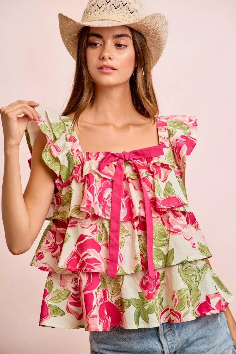 BiBi Floral Print Woven Bow Tie Ruffle Square Neck Top - Rooted & Reckless Co.