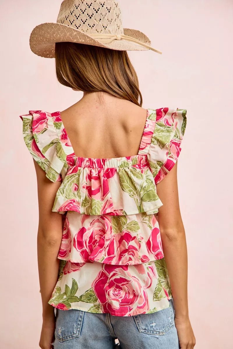 BiBi Floral Print Woven Bow Tie Ruffle Square Neck Top - Rooted & Reckless Co.