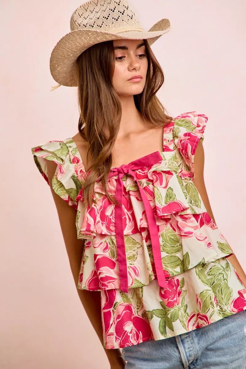BiBi Floral Print Woven Bow Tie Ruffle Square Neck Top - Rooted & Reckless Co.