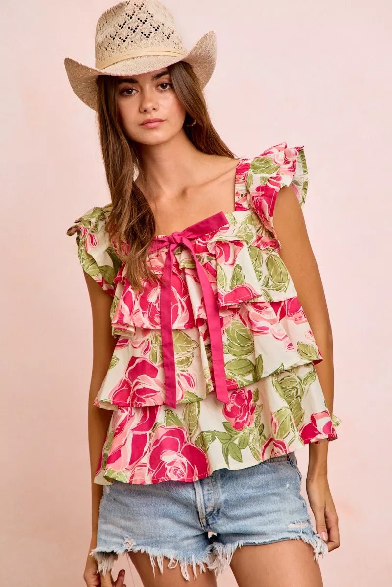 BiBi Floral Print Woven Bow Tie Ruffle Square Neck Top - Rooted & Reckless Co.