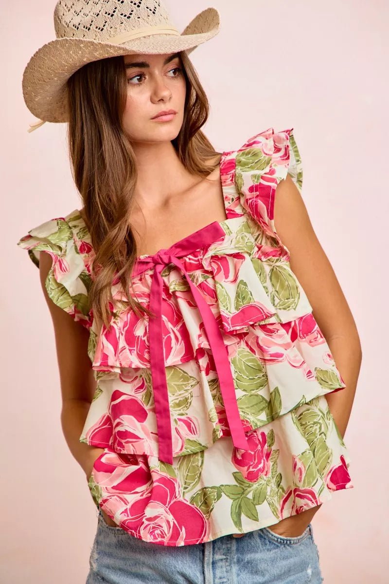 BiBi Floral Print Woven Bow Tie Ruffle Square Neck Top - Rooted & Reckless Co.