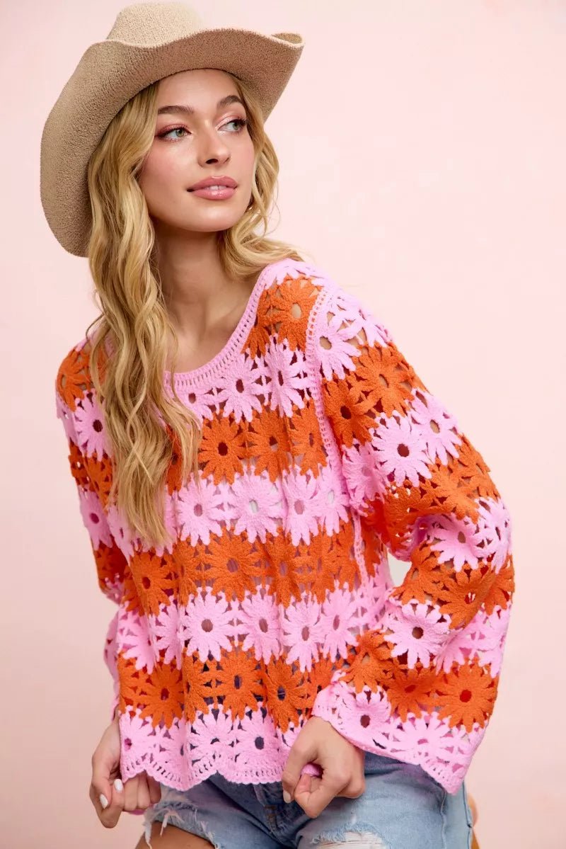BiBi Flower Crochet Knit Top - Rooted & Reckless Co.