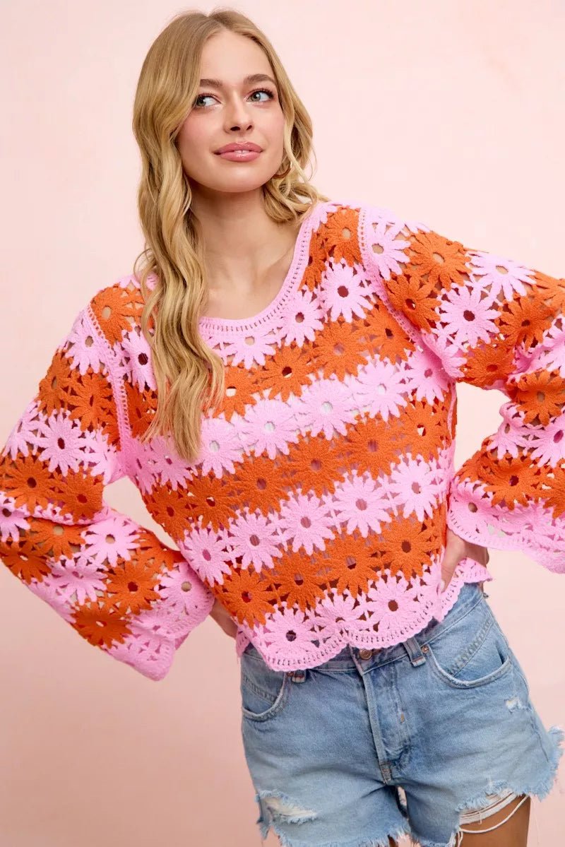 BiBi Flower Crochet Knit Top - Rooted & Reckless Co.