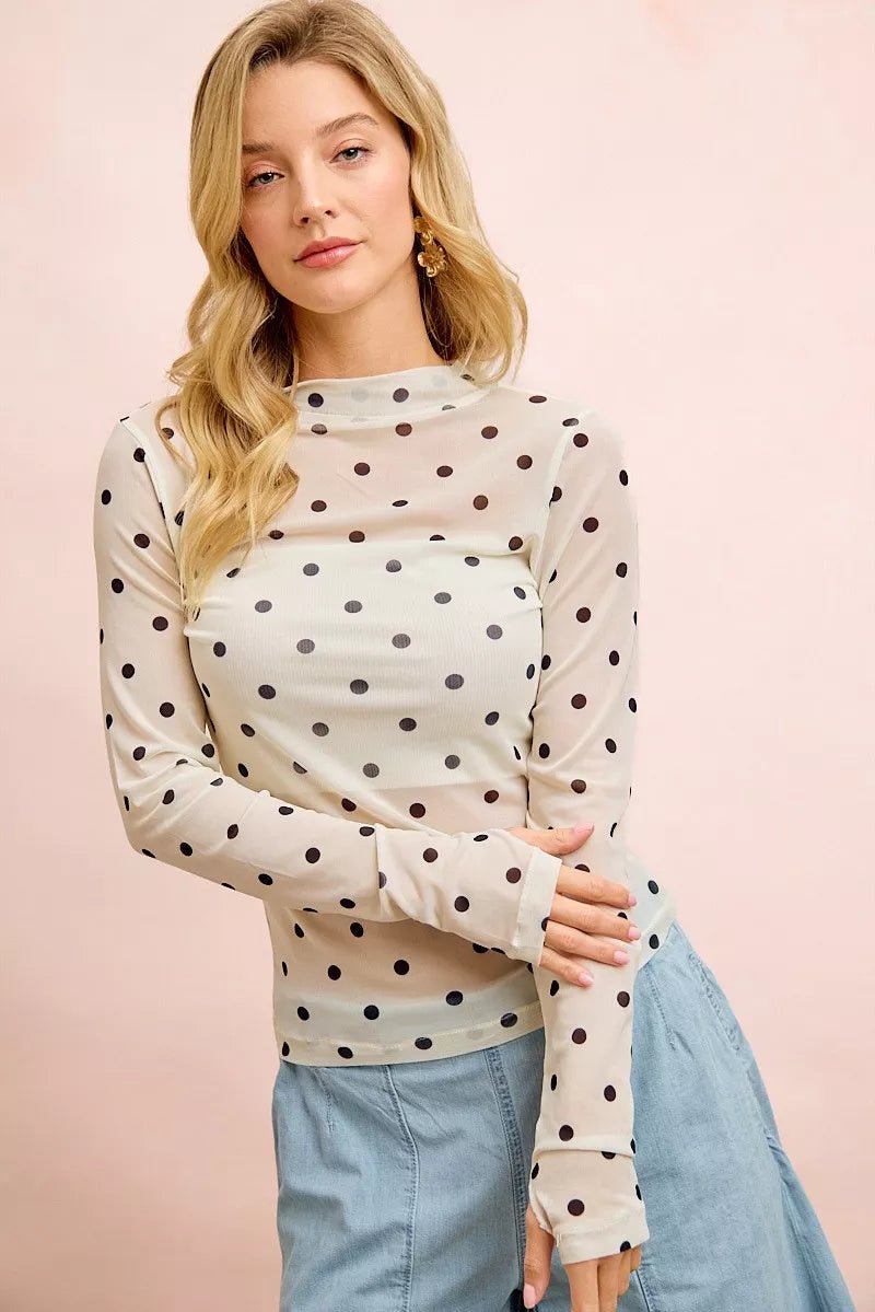 BiBi High Neck Line Polka Dots Mesh Top With Thumb Open - Rooted & Reckless Co.