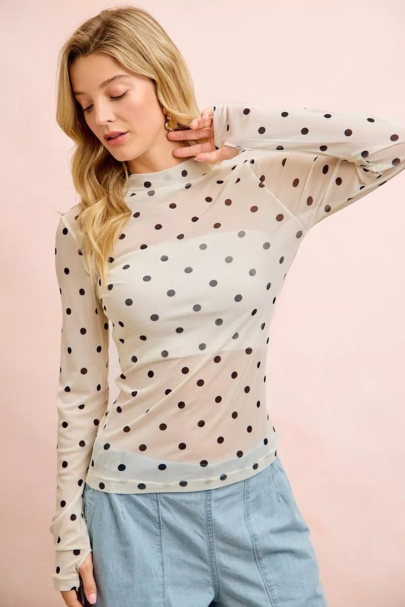 BiBi High Neck Line Polka Dots Mesh Top With Thumb Open - Rooted & Reckless Co.