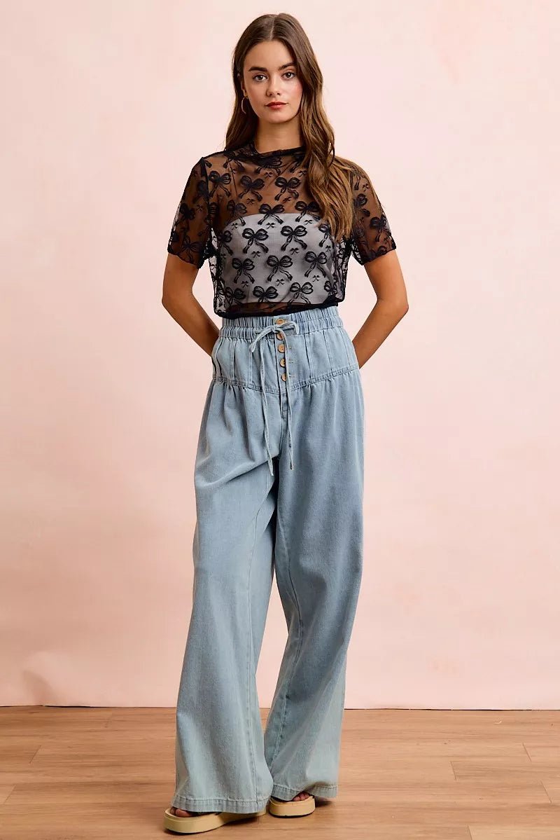 BiBi High Neckline Short Sleeves Bow Pattern Mesh Top - Rooted & Reckless Co.