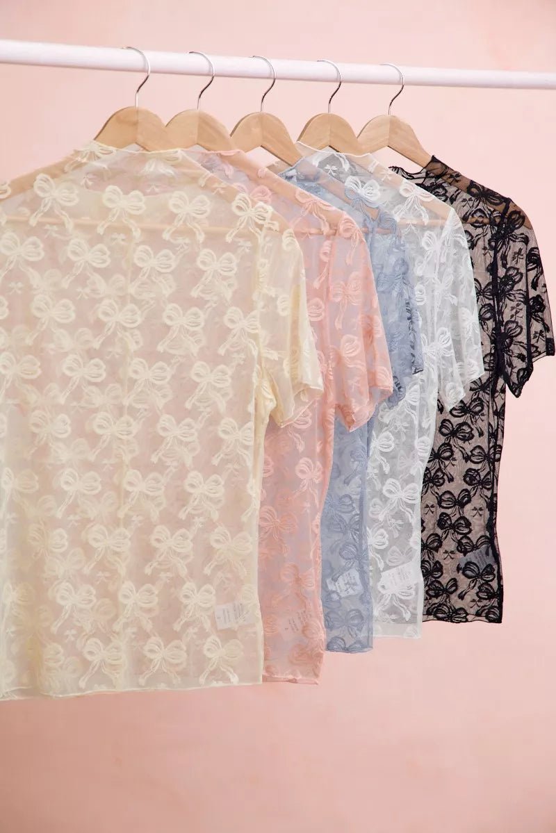 BiBi High Neckline Short Sleeves Bow Pattern Mesh Top - Rooted & Reckless Co.
